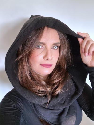 Elegant black hooded scarf made by Italian manufacturer for resellers