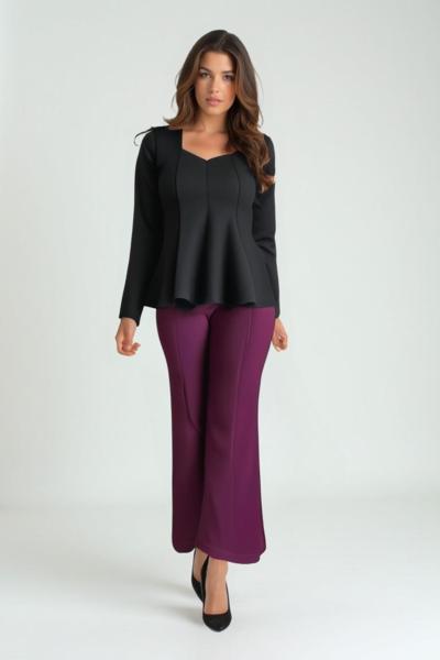 Top nero italiano all'ingrosso con pantaloni viola per rivenditori