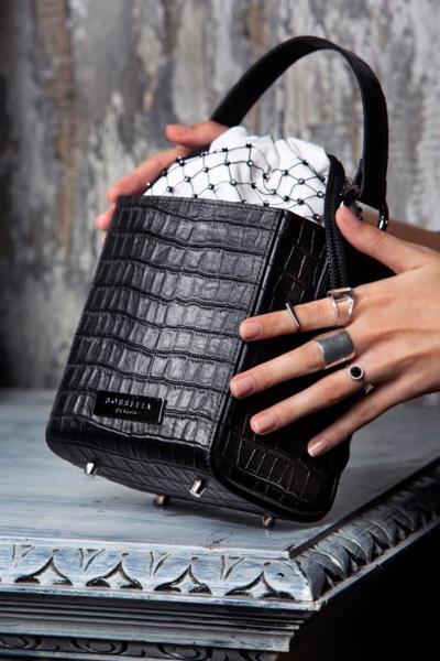 Black crocodile leather handbag for resellers made in Italy