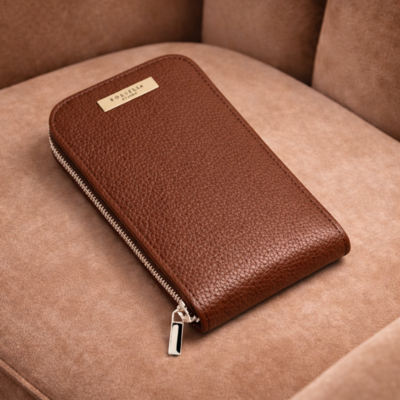 Italian brown leather zip wallet, wholesale for resellers