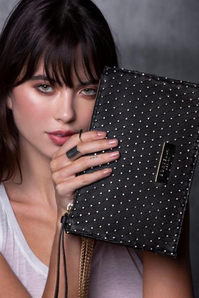 Black studded leather clutch bag made in Italy for resellers