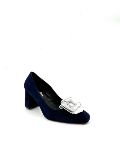 Italian navy blue suede block heel shoe for resellers