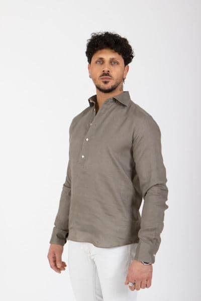 EKLAM - Camicia da uomo in lino color talpa 