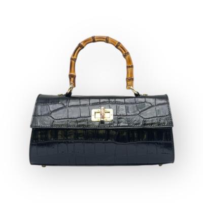 Black crocodile leather handbag with bamboo handle, Made in Italy for resellers