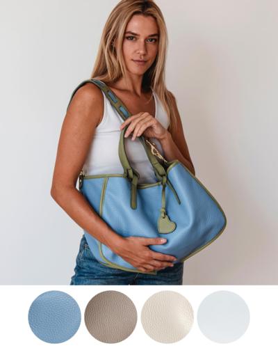 Italian leather handbag for resellers, blue and green