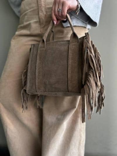 Bolso de gamuza italiano con flecos, hecho en Italia