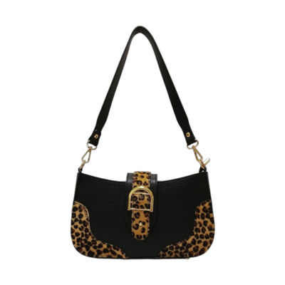 Bolso italiano de cuero negro con estampado de leopardo para revendedores