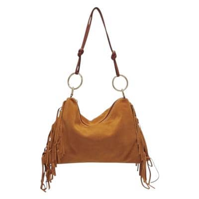 Bolso italiano de gamuza con flecos y anillas doradas para mayoristas