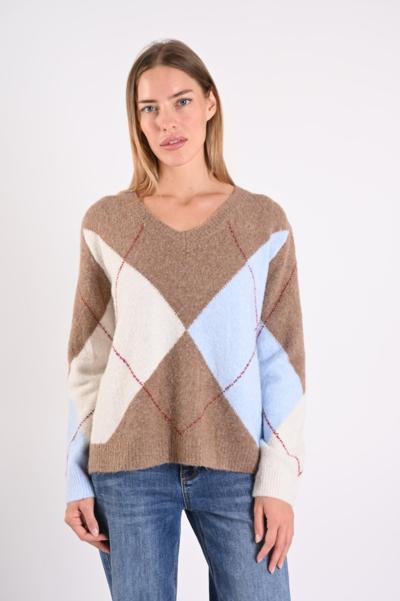 Italian wool argyle sweater for resellers, brown blue white