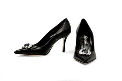 Italian black leather high heel shoes with crystal decoration for resellers