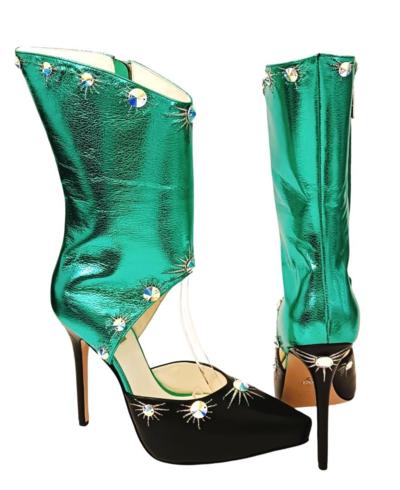 Italian high heel boots with green metallic and black design for resellers