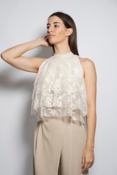 Top branco de renda elegante para revendedores italiano