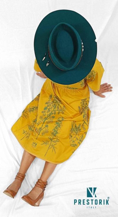 Vestido amarelo floral italiano atacado com chapéu verde para revendedores