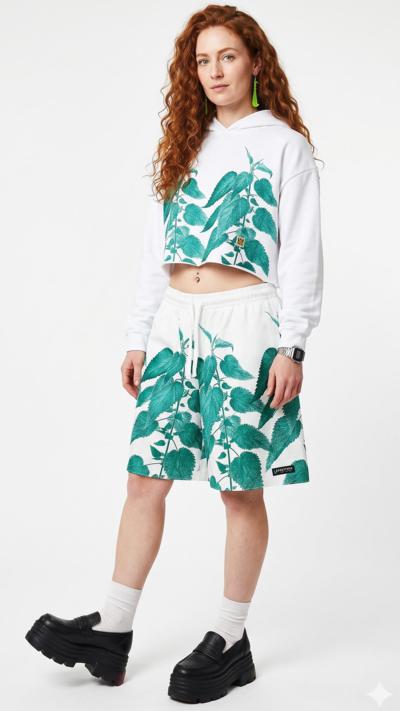 Felpa corta e shorts italiani con stampa foglie verdi per rivenditori