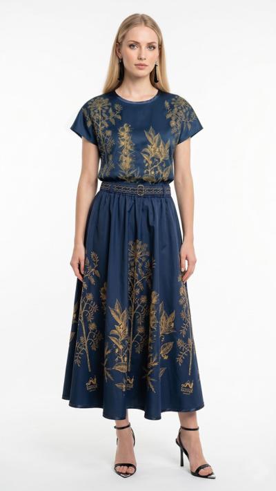 Vestito blu navy elegante con stampa floreale dorata, Made in Italy per rivenditori