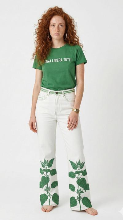 Jeans branco Made in Italy com estampa de folhas verdes para revendedores