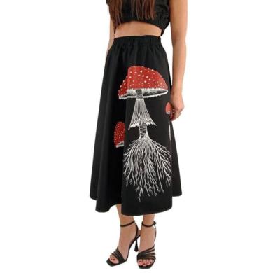 Gonna midi nera con stampa funghi made in Italy