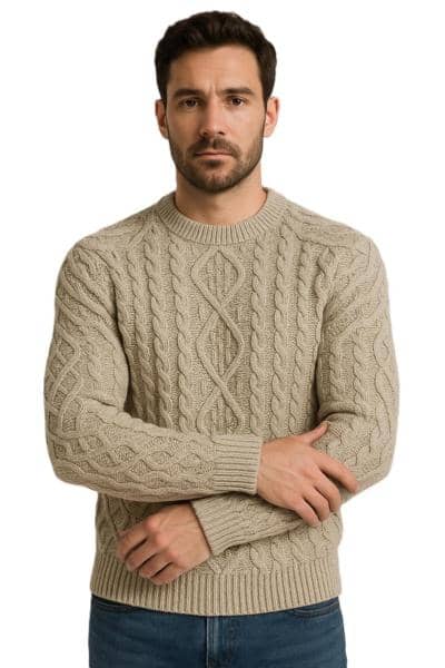 Suéter beige italiano de punto trenzado para revendedores