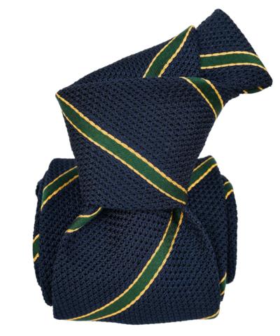 Cravatta lavorata a maglia blu con righe verdi e gialle made in Italy per rivenditori