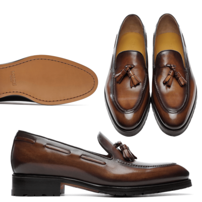 Italian leather loafers with tassels, made in Italy.