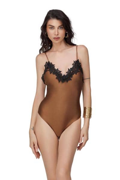 Итальянский коричневый бодисьют с черным кружевом для опта
